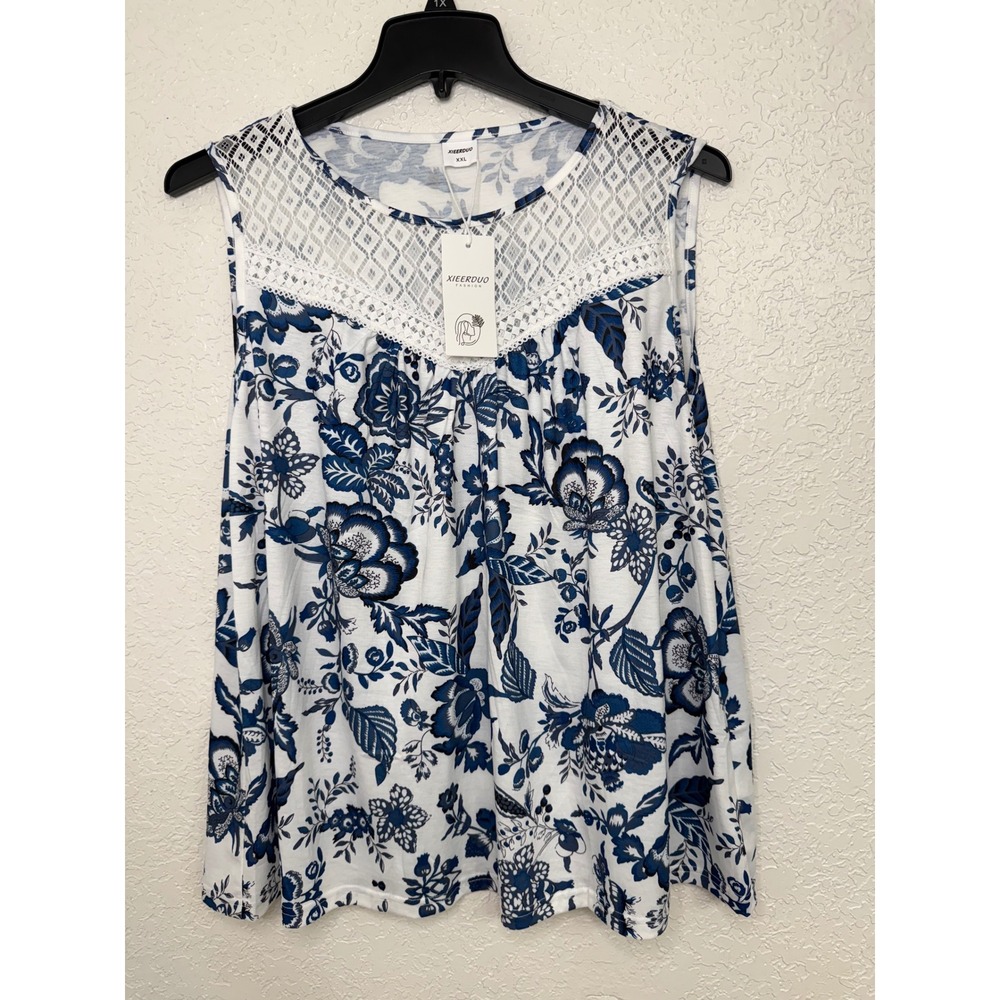 Xieerduo XXL Blue White Floral Lace Yoke Sleeveless Tank Top Plus Size NWT